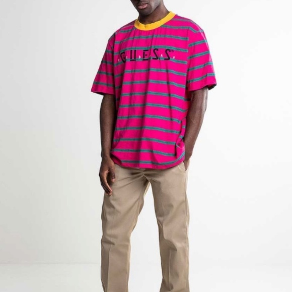 Guess x J Balvin Tee Short Sleeve Crew neckline Stripes Pink Green Yellow Sz M - Picture 11 of 11